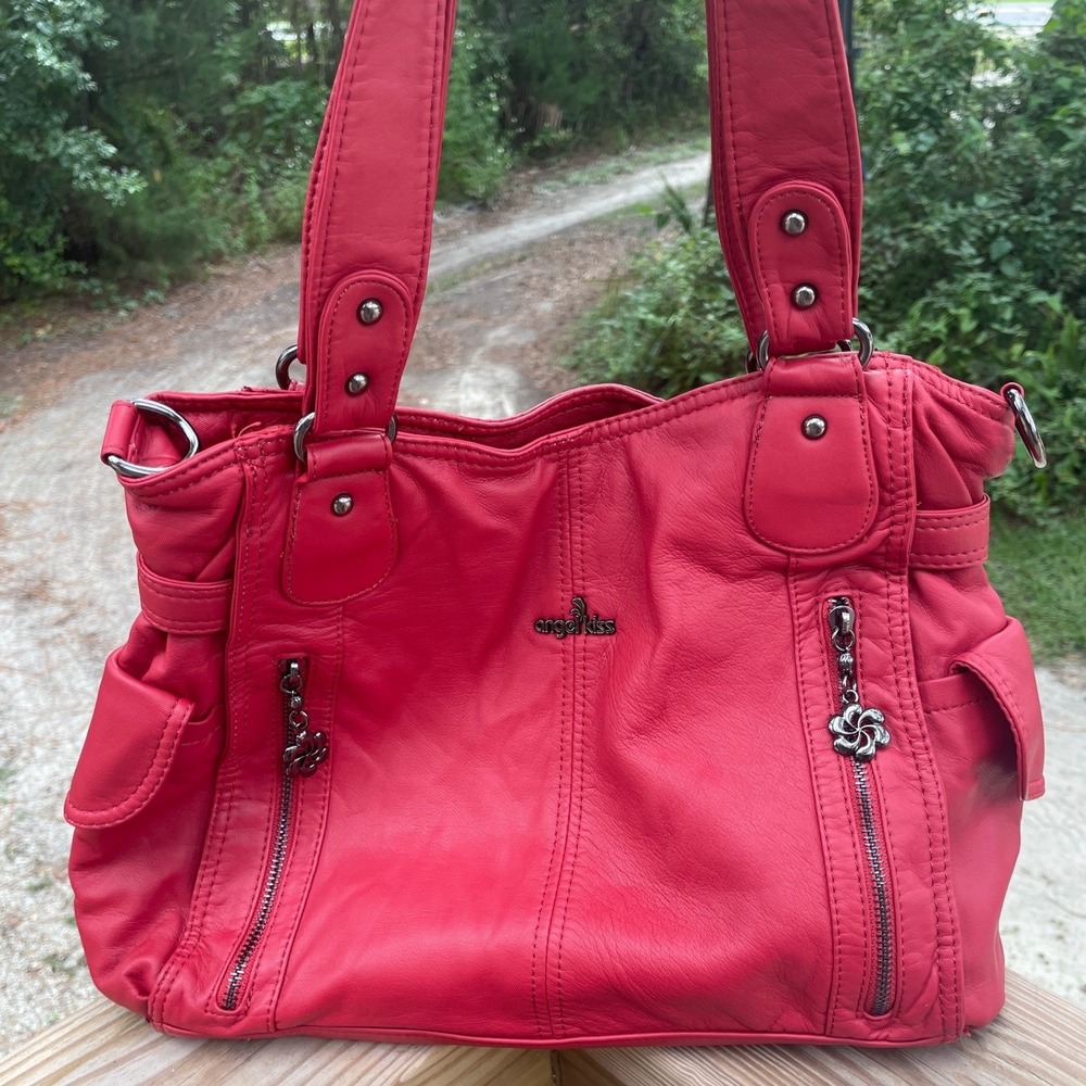 Angel Kiss Shoulder Bag Womens Large Red Faux Leather Multi Pocket Y2K Aesthetic